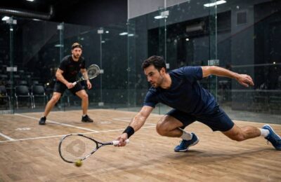 Two players mid-rally on a squash court