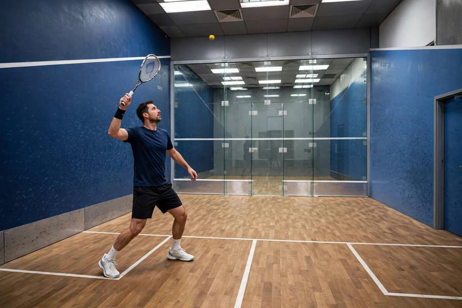 Photorealistic photo of a squash player serving from inside the service box, proper stance, indoor court