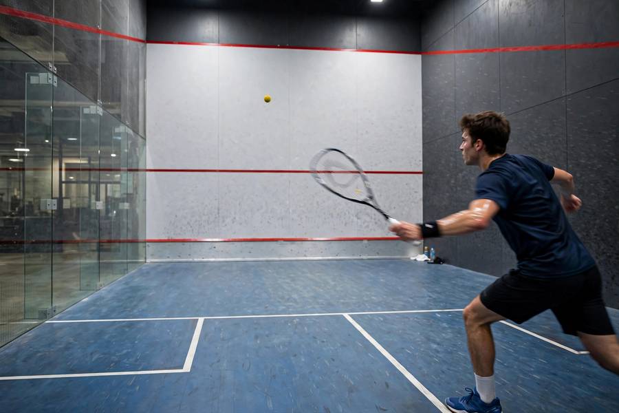 Photorealistic action shot of a squash serve in flight toward the front wall above the service line