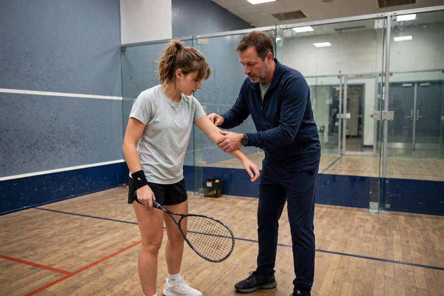Photorealistic image of a coach correcting a beginner's serve position on a squash court
