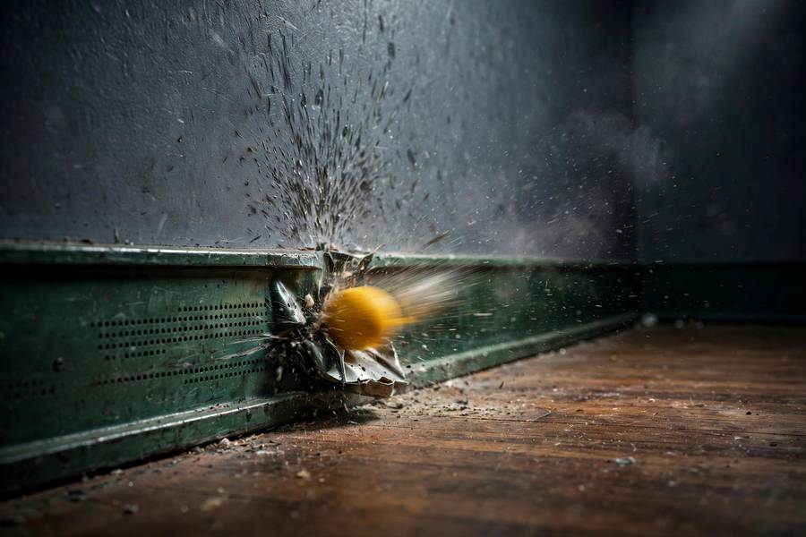 Photorealistic image of a squash ball striking the tin with motion impact, dramatic court lighting