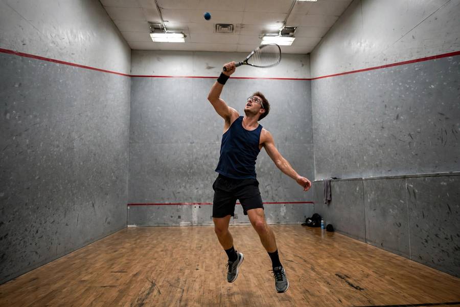 Photorealistic action photo of a racquetball player hitting a ceiling shot in a 40-foot court