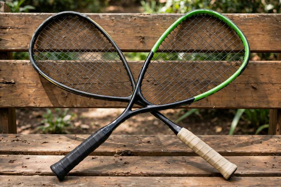 Photorealistic photo of squash and racquetball rackets lying crossed on a bench showing size difference