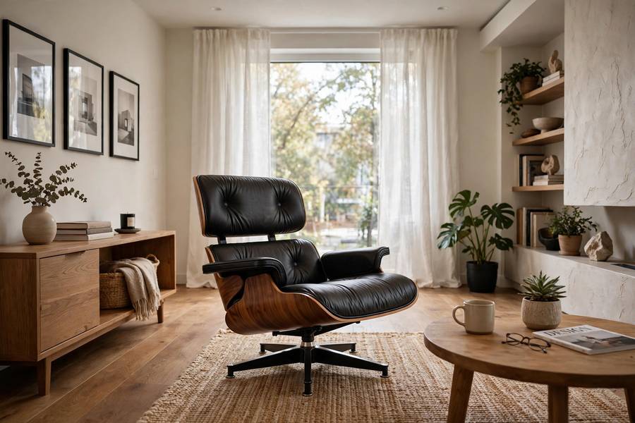 A living room photo with the sofa replaced by a designer chair using Stable Diffusion inpainting