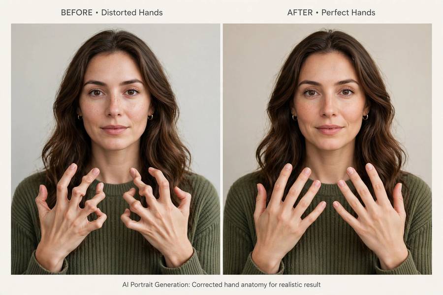 Before-and-after comparison showing how negative prompts fix distorted hands in AI portraits