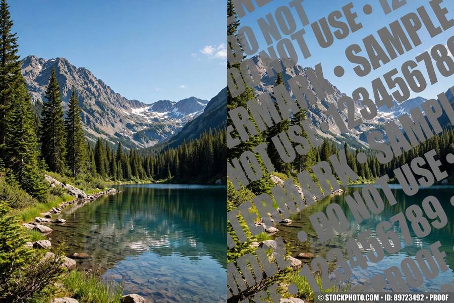 Comparison of an AI landscape with and without watermark artifacts removed by negative prompts