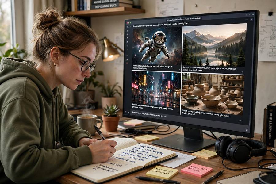 A user studying AI-generated results while refining negative prompt technique