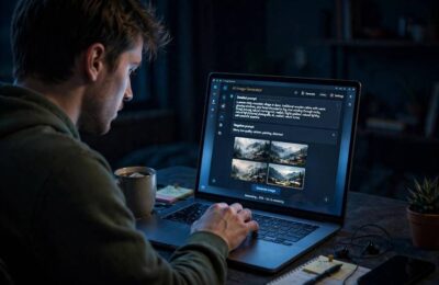 A beginner typing a detailed prompt into Stable Diffusion on a laptop