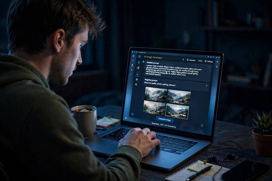 A beginner typing a detailed prompt into Stable Diffusion on a laptop