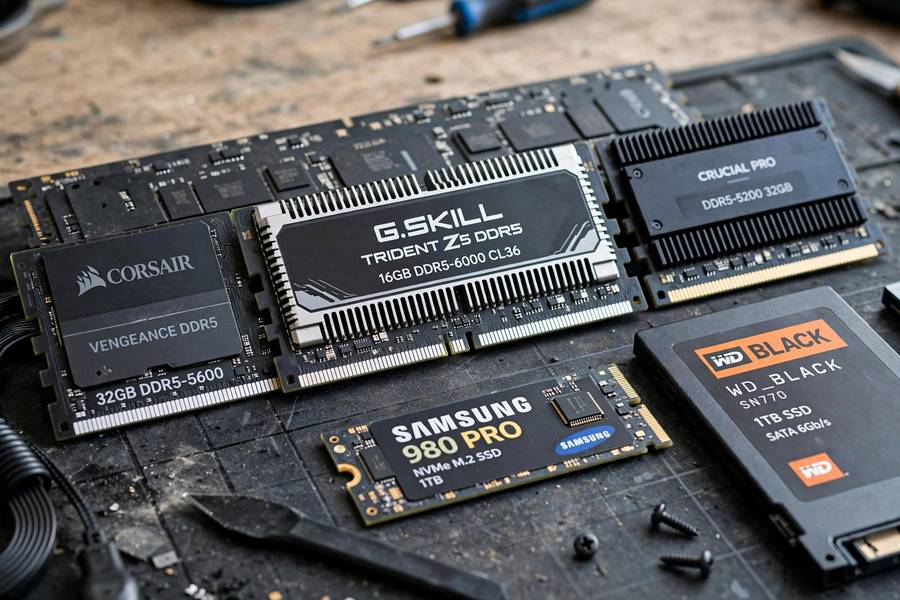 Close-up of graphics card memory chips, VRAM being the key spec for Stable Diffusion