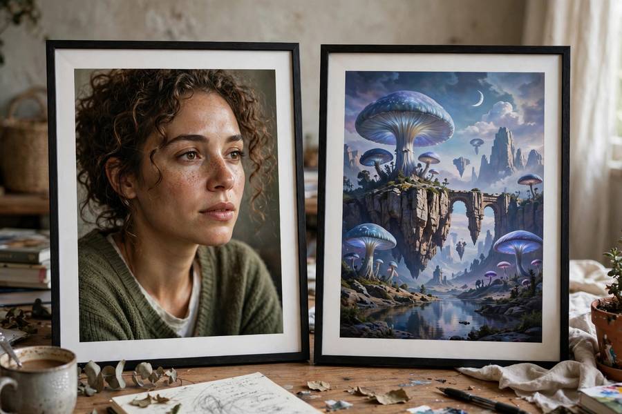 Two contrasting AI-generated artworks side by side