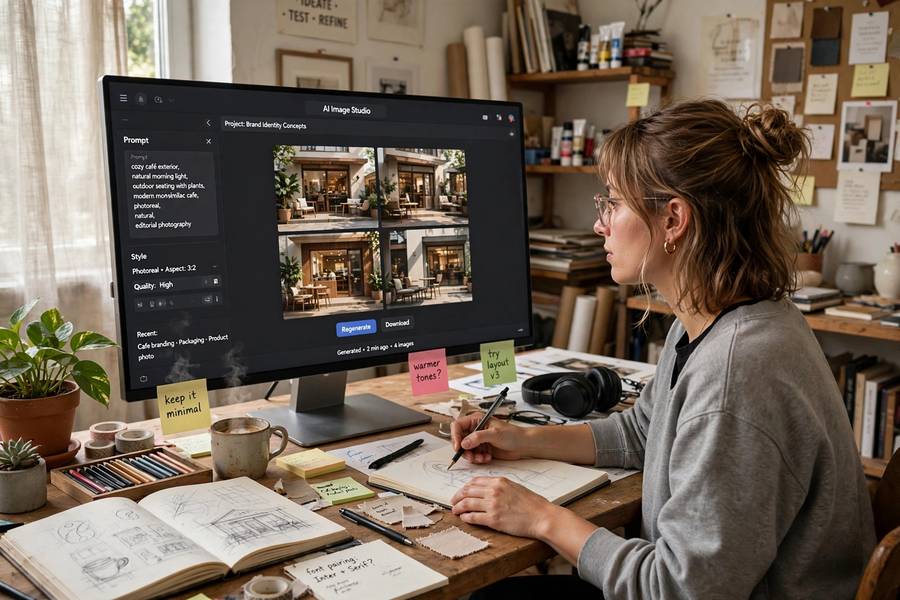 A designer working with AI image tools in a studio