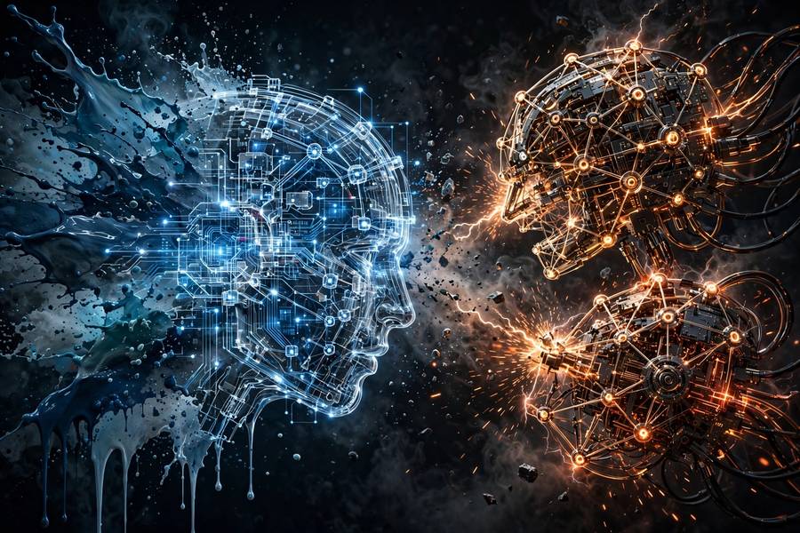 Conceptual illustration comparing diffusion models and GANs as two AI image generation approaches