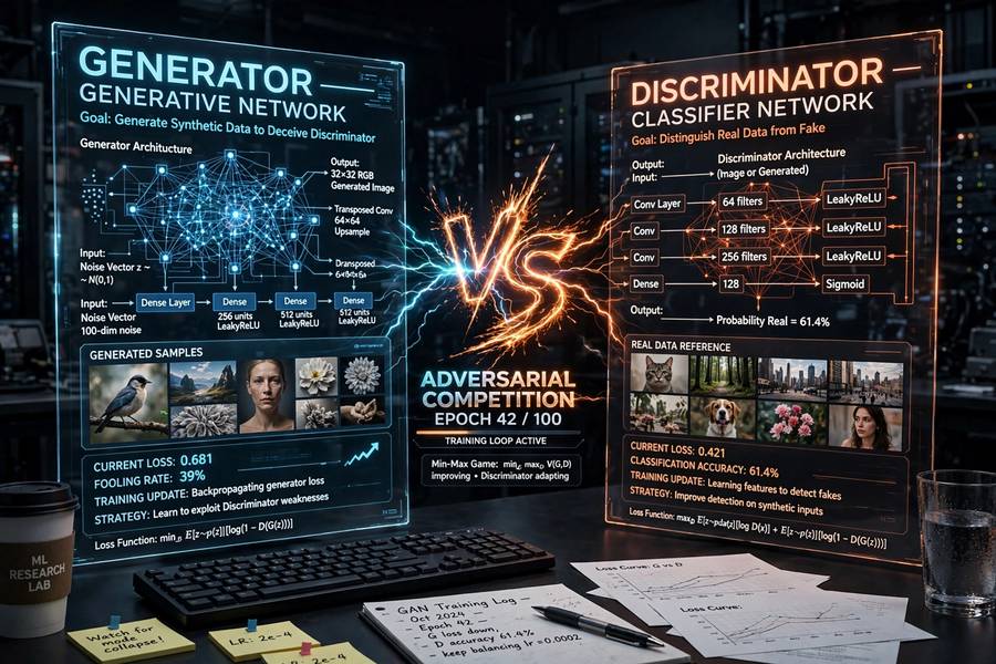 Visualization of a GAN generator and discriminator network competing against each other