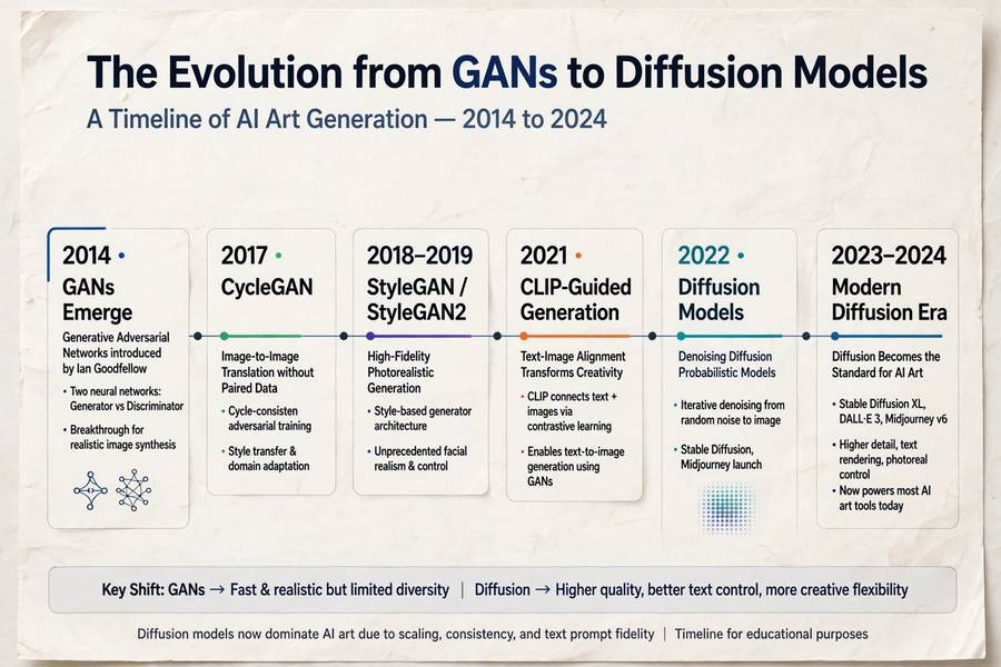 A timeline graphic showing the evolution of AI image generation from GANs to diffusion models