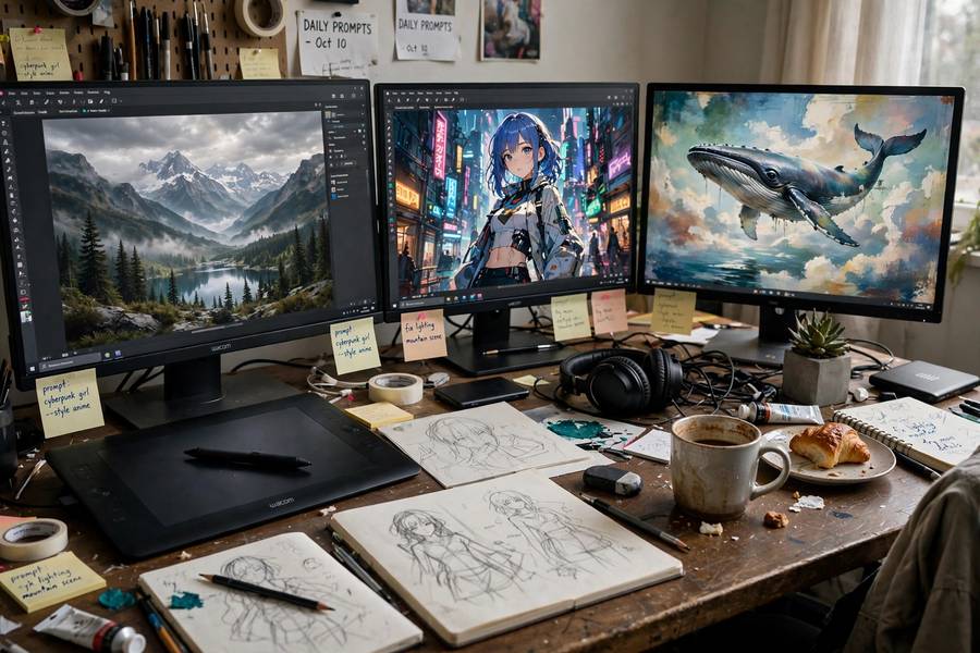 A digital artist's workspace with multiple AI art styles on monitors