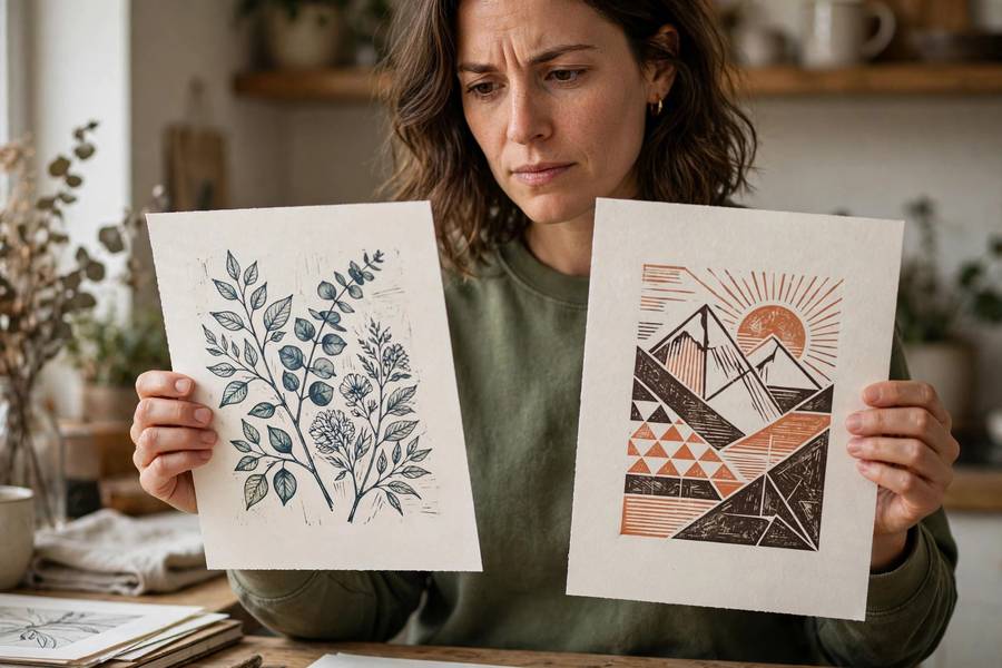 A person comparing two printed AI artworks