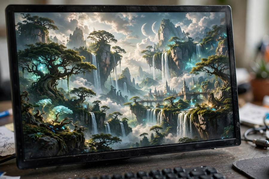 A detailed AI-generated fantasy landscape on a monitor