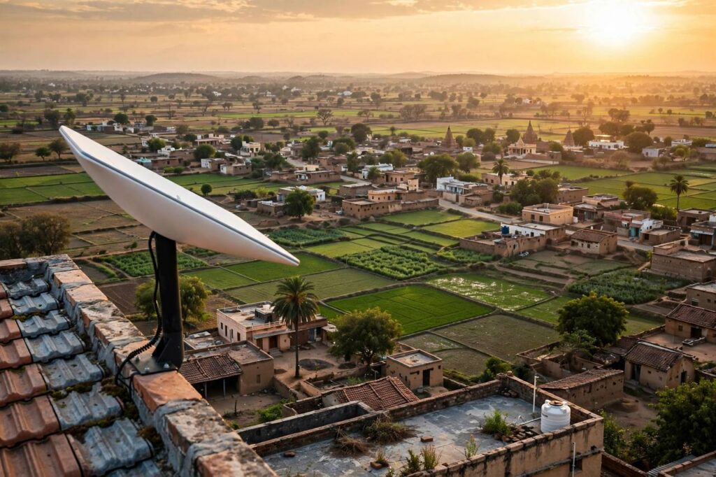 Starlink satellite dish terminal with Indian landscape