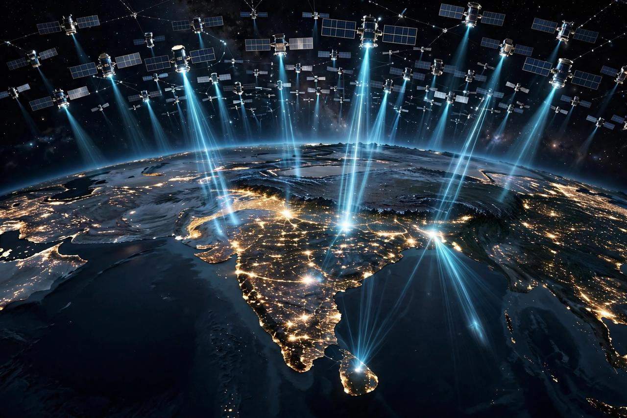 Satellite internet constellation beaming signals over India illustration