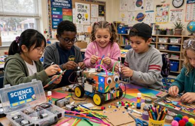 Students combining art and robotics in a STEAM education classroom activity