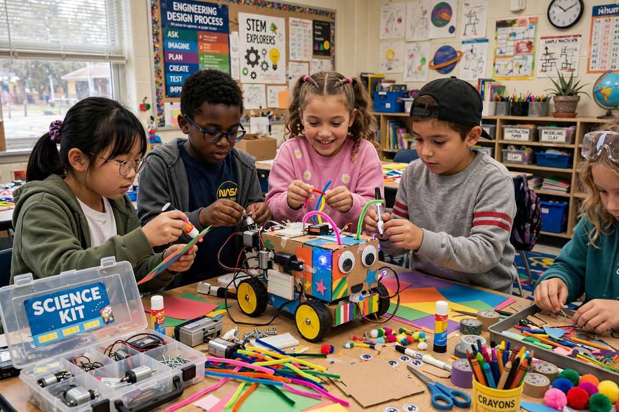 Students combining art and robotics in a STEAM education classroom activity