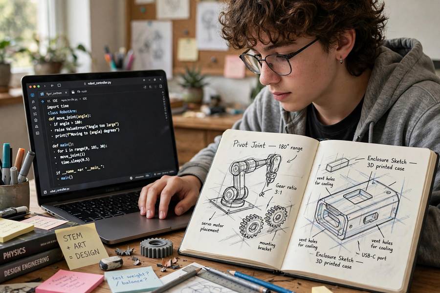 Teenager blending coding and design sketches showing STEM vs STEAM education concepts