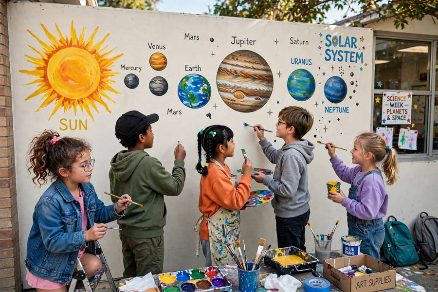 Children painting a solar system mural as a STEAM education art-science project