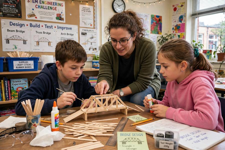Teacher guiding students through a hands-on STEM bridge-building challenge