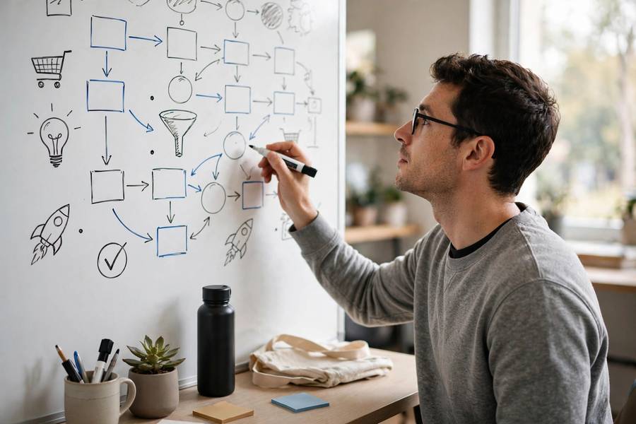 Person planning online business steps on whiteboard
