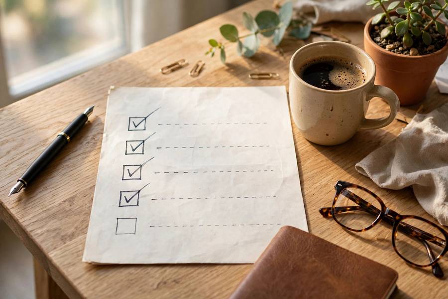 Checklist with completed tasks on a desk