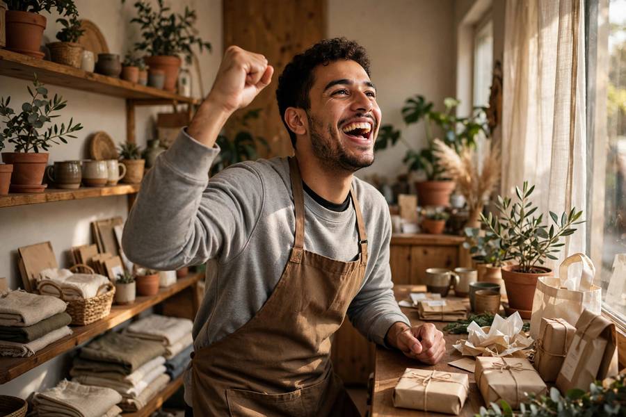 New business owner celebrating first sale
