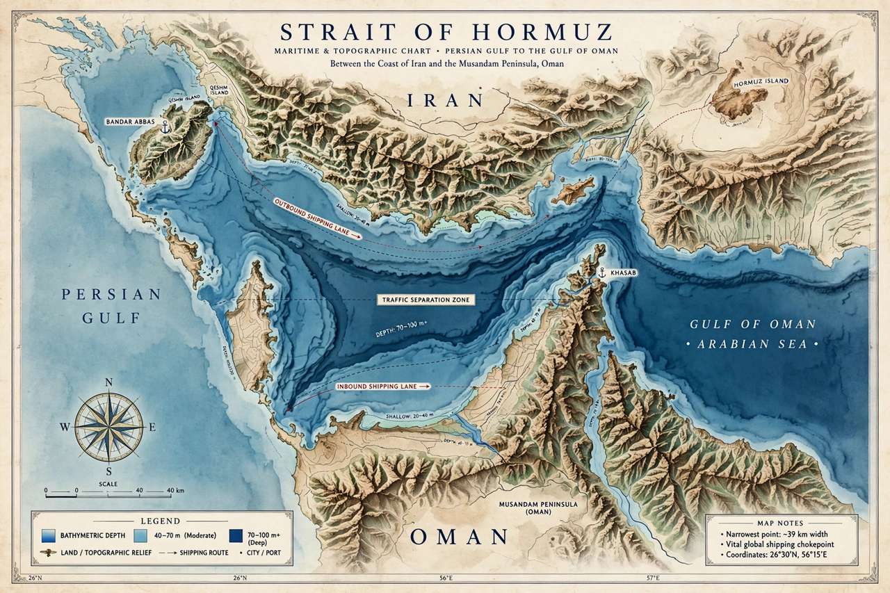 Map-style illustration of the Strait of Hormuz between Iran and Oman