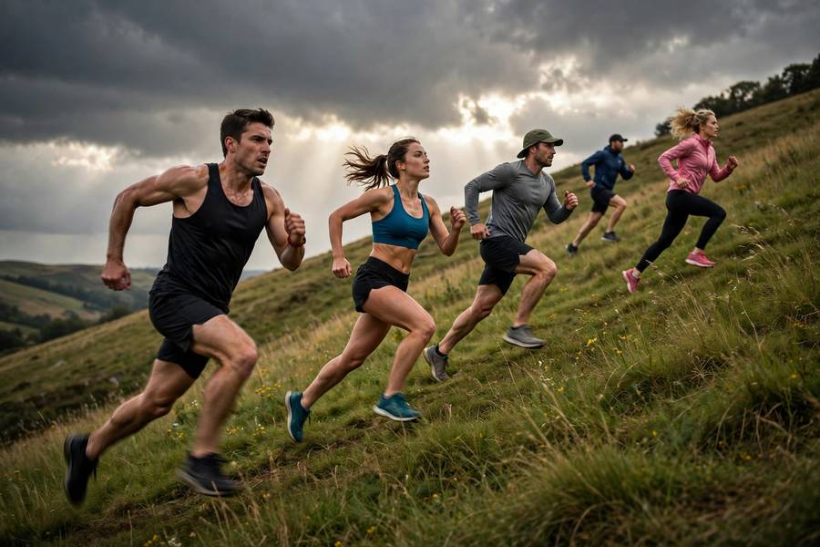 Runners doing hill sprints complementing strength training for runners