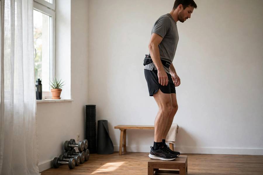 Runner doing calf raises at home for strength training for runners