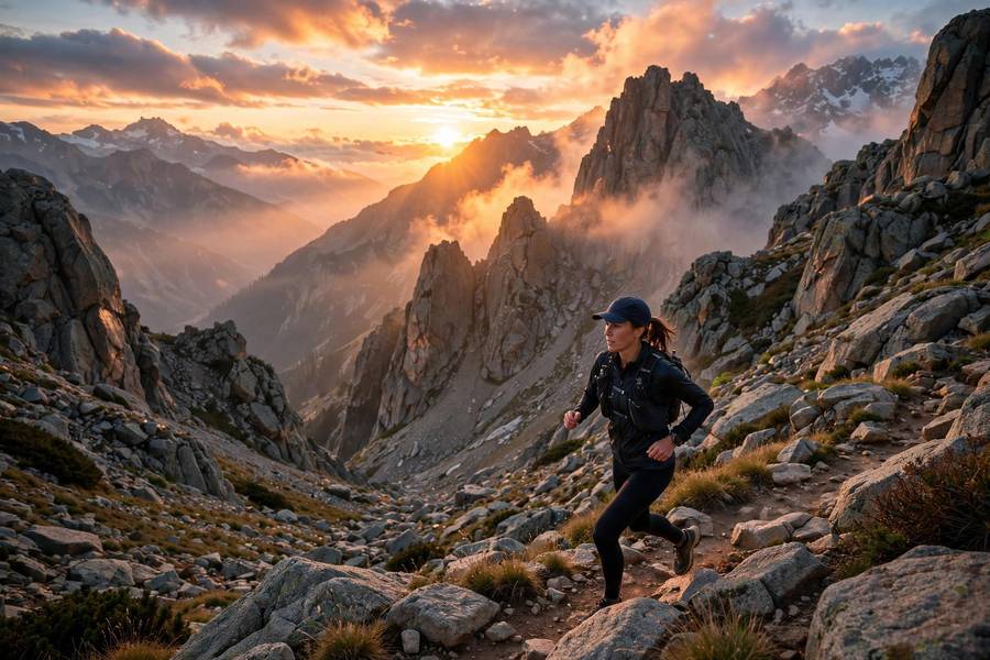 Trail runner navigating rocky mountain terrain