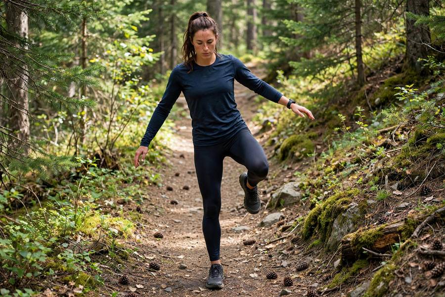 Athlete doing single-leg balance exercise on a trail