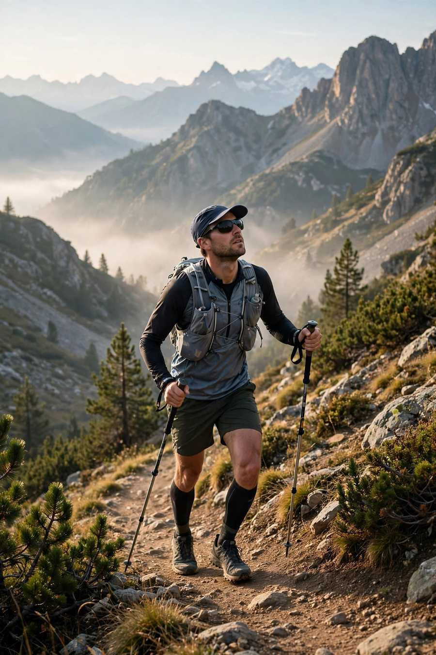 Trail runner power hiking uphill with poles