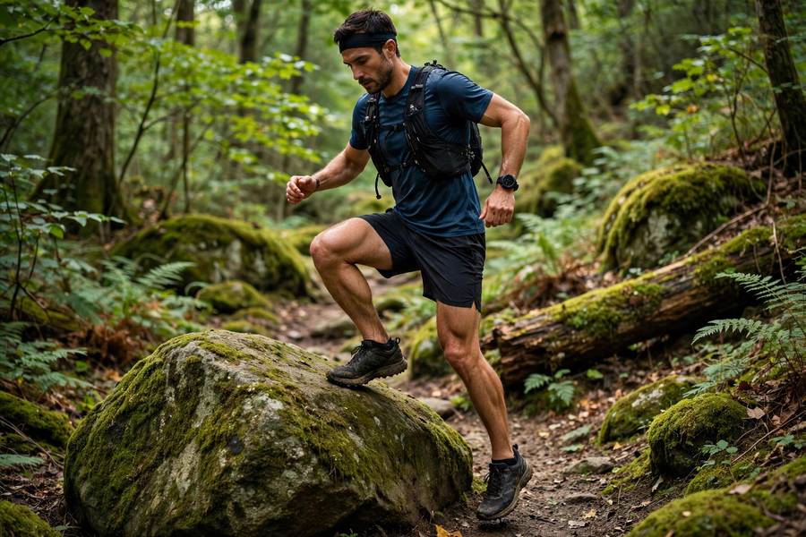 Runner doing step-ups on a rock during trail training