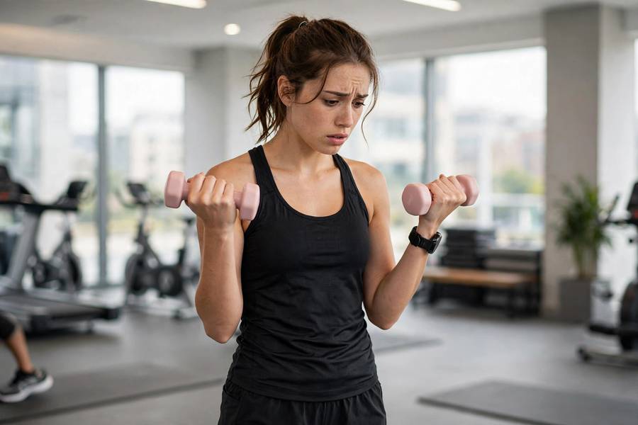 Runner struggling with too-light dumbbells in a gym