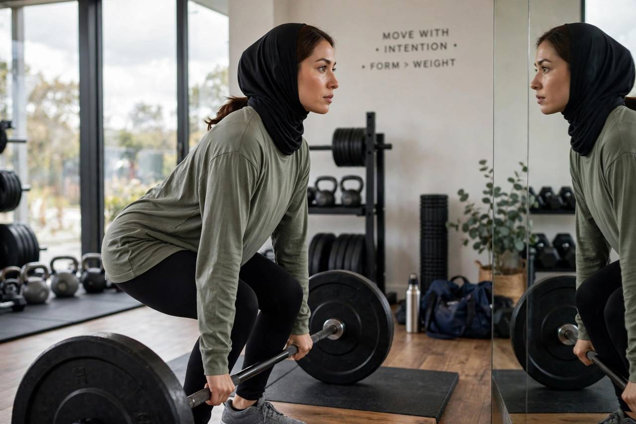 Athlete checking form in a mirror during deadlift