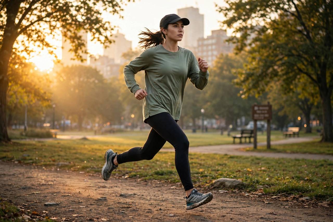 Photorealistic action photo of a marathon runner mid-stride at sunrise with strong upright posture, city park trail