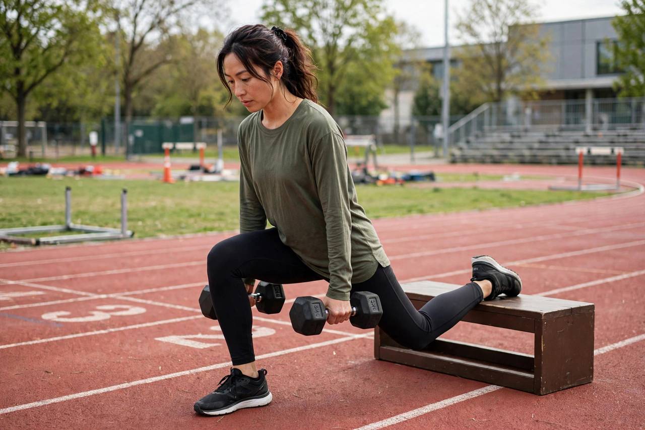 Photorealistic close-up of a runner performing a Bulgarian split squat with dumbbells on an outdoor training track