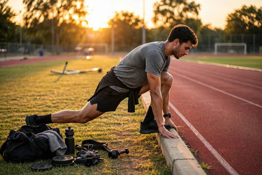 Photorealistic photo of a runner cooling down with calf stretches beside a track after a strength session, golden hour