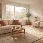 A bright studio apartment where a large rug zones the living area while morning light streams across a tidy bed in the corner