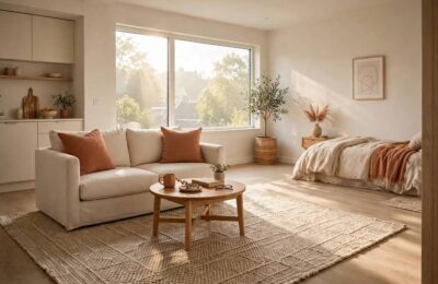 A bright studio apartment where a large rug zones the living area while morning light streams across a tidy bed in the corner