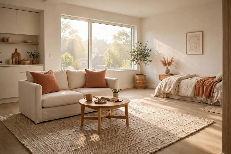 A bright studio apartment where a large rug zones the living area while morning light streams across a tidy bed in the corner