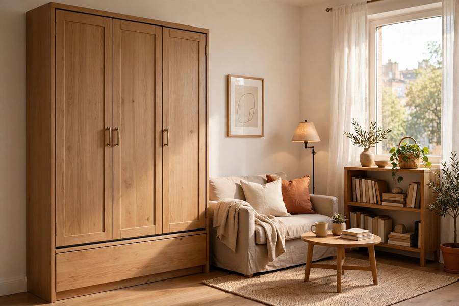 A studio apartment with a murphy bed folded into the wall, revealing a tidy living area with a small sofa and bookshelf