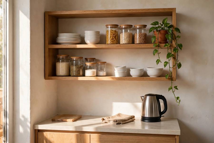A small studio kitchen corner with open shelving holding neatly organized dishes, jars, and a few plants