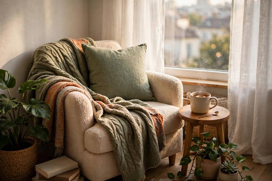 A cozy reading nook by a studio apartment window with a comfortable chair, layered textiles, and leafy plants